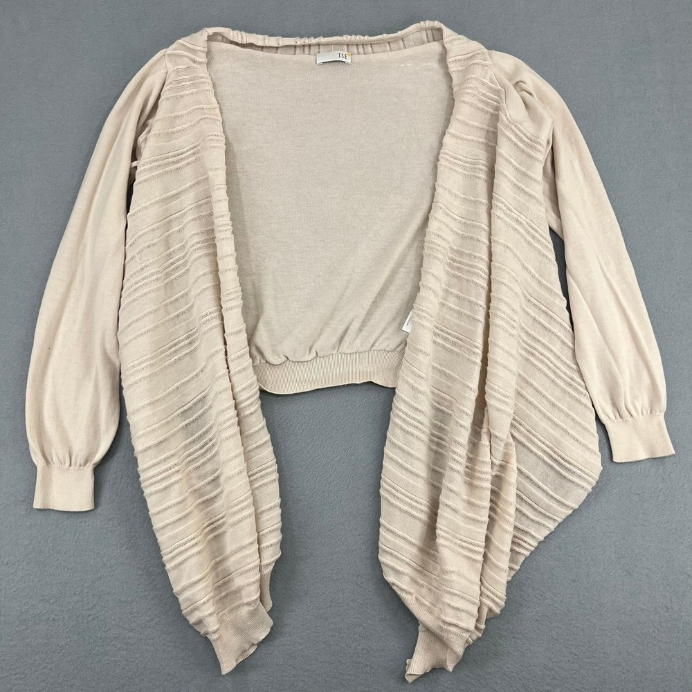 TSE Womens Beige 100% Cotton Textured Stripe Open Front Draped Cardigan Size M